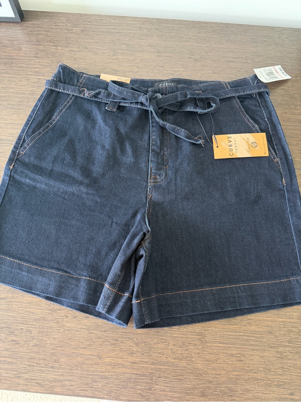 Curvy High-Rise Dark Blue Denim Tie Belt Shorts
